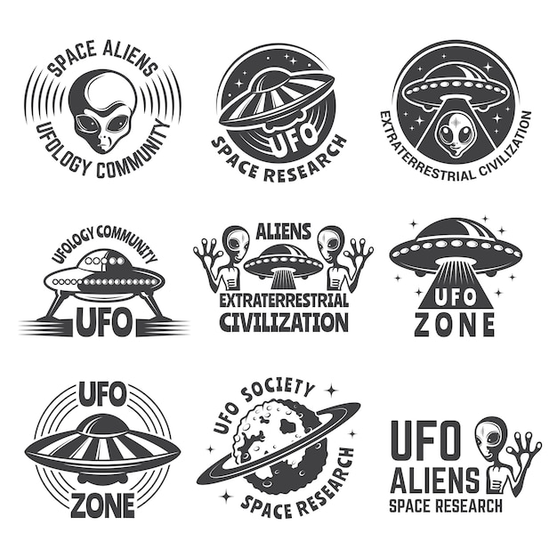 Vector monochrome logo set with aliens, ufo and space