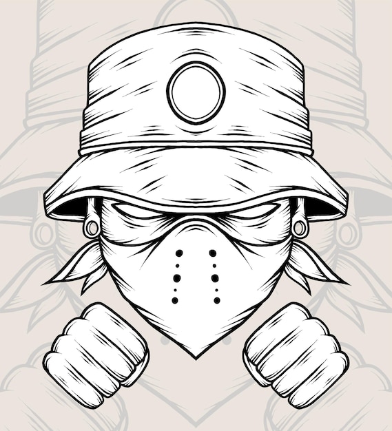 Monochrome Man Wearing Bucket Hat Vector