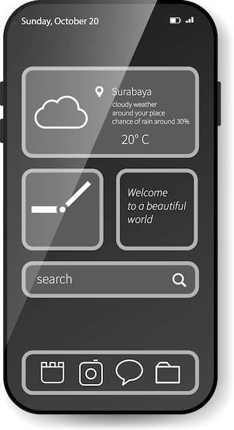 Monochrome mobiele UI-ontwerp met weer en minimalistische widgets