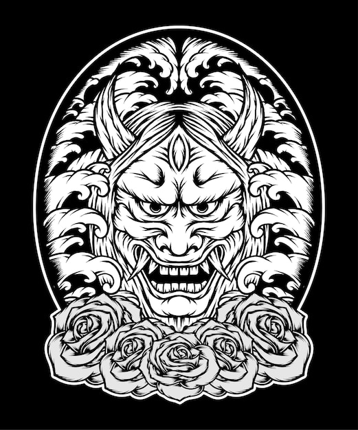 Monochrome oni mask japan with roses. premium vector