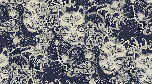 Vettore motivo monocromatico con maschera kitsune sul tema giapponese. tutti i colori sono in un gruppo separato. ideale per la stampa su tessuto e decorazioni