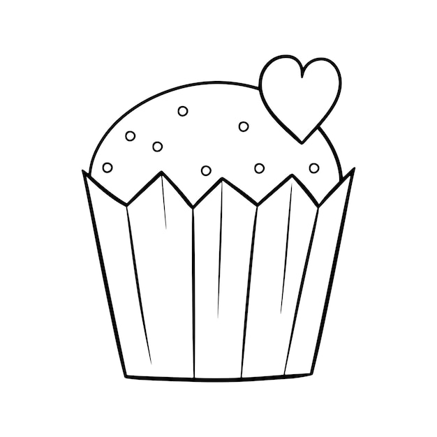 Monochrome picture chocolate cupcake with round sugar crumbs and a heart vector cartoon