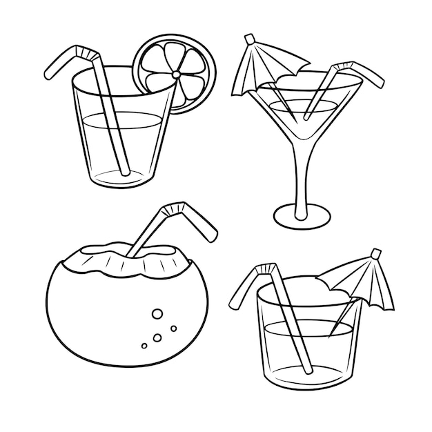 흑백 사진 유리잔에 이국적인 음료수 짚 벡터 만화가 있는 코코넛 주스