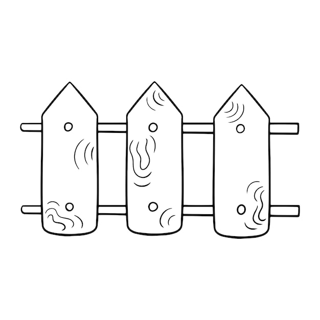 Монохромное изображение Старый низкий деревянный забор с текстурной векторной иллюстрацией в мультяшном стиле