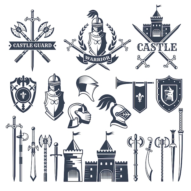 Monochrome pictures and badges of medieval knight theme. 