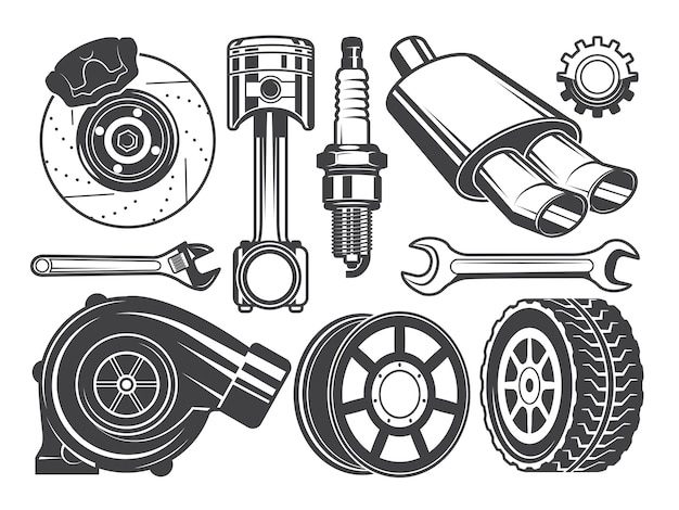 Vector monochrome pictures of engine, turbocharger cylinder and other automobile tools