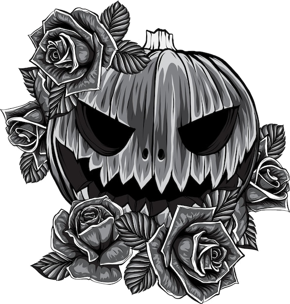 Vector monochrome pompoen met rozen noodlijdende halloween