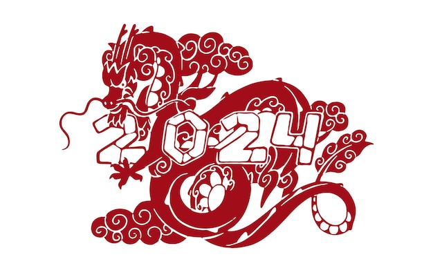 Одноцветный красный дракон Символ нового года Восточный зодиакальный зверь с числом 2024 Традиционное азиатское мистическое животное концепция китайской культуры Плоская изолированная векторная иллюстрация на белом фоне