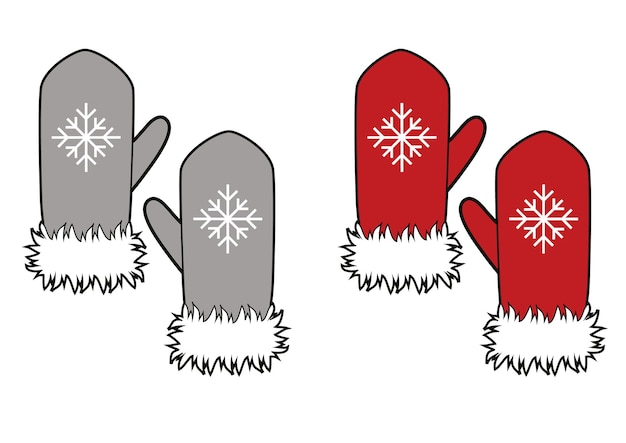 Monochrome and red winter knitted mittens. Vector sketch illustration for greeting card, banner, website and holiday decor.