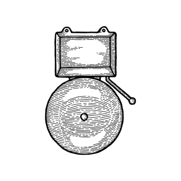 Сигнальное устройство системы пожарной сигнализации с монохромным звонком, изолированная белая винтажная векторная иллюстрация