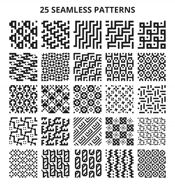 Monochrome seamless geometric patterns. Abstract fractal geometrical line vector repetitive borders