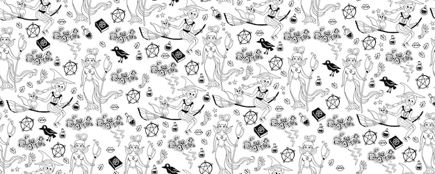 Vector monochrome seamless pattern of cute halloween hand drawn doodle black and white background