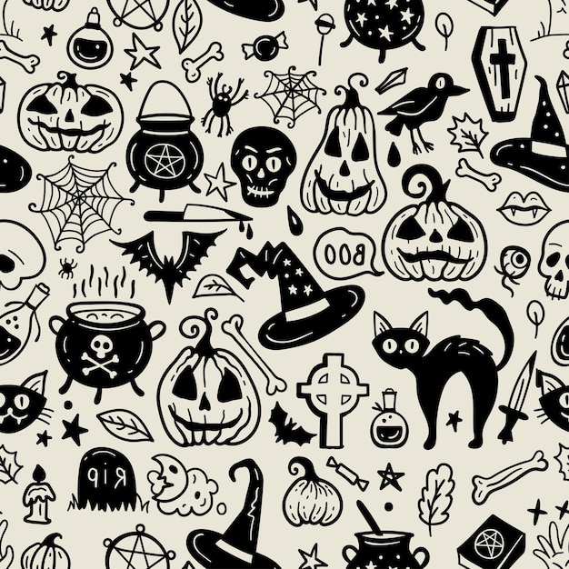 Modello senza cuciture monocromatico di elementi di doodle disegnati a mano di halloween horror