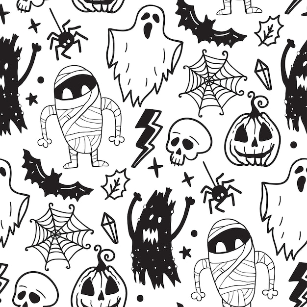 Modello senza cuciture monocromatico di elementi di doodle disegnati a mano di halloween horror