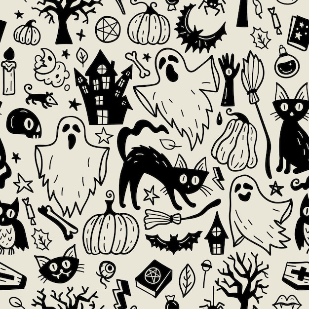 Monochrome seamless pattern of horror Halloween hand drawn doodle elements