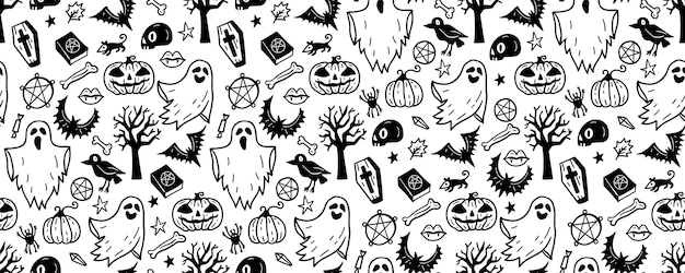 Вектор Монохромный бесшовный образец симпатичного ручного рисунка хэллоуина черно-белый фон
