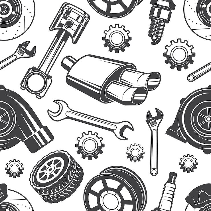 Vector 自動車用具および細部のモノクロのシームレスパターン。修理車のパターン、詳細ブレーキおよび火花、ベクトル図のための部品