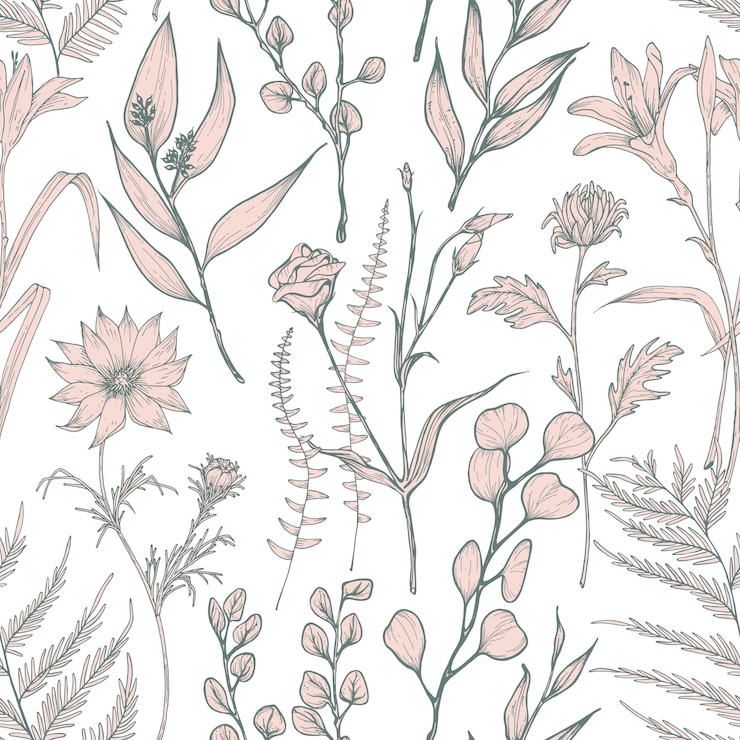 Vector monochrome seamless pattern with blooming wild flowers hand drawn
