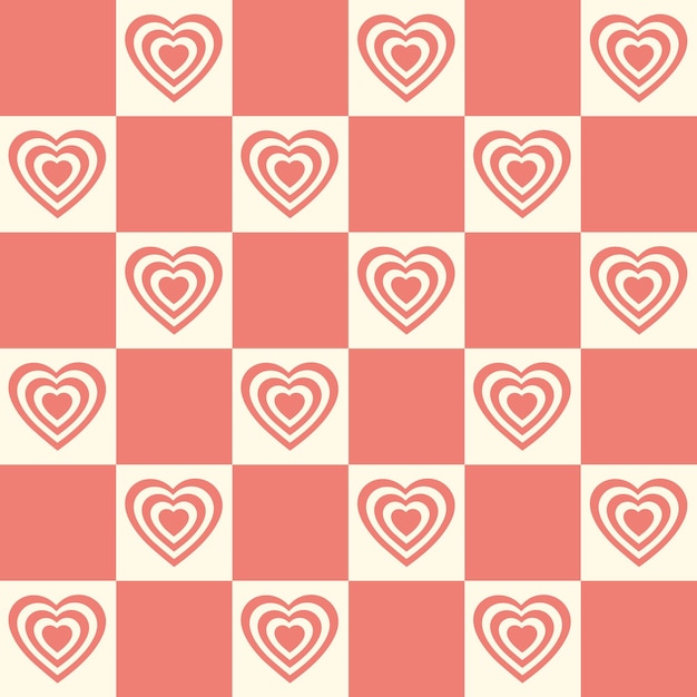 Monochrome seamless pattern with hearts shaped tunnel on a checkered background.