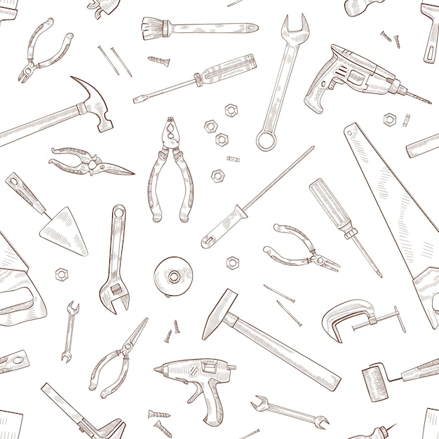 Monochrome seamless pattern with manual and powered tools for woodworking hand drawn with contour lines on white 