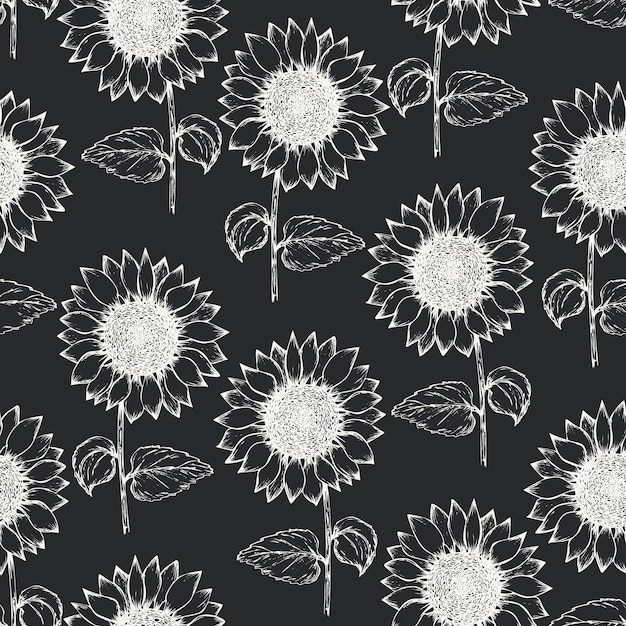 Monochrome seamless pattern with outline ink pen white sunflower sketch on black background