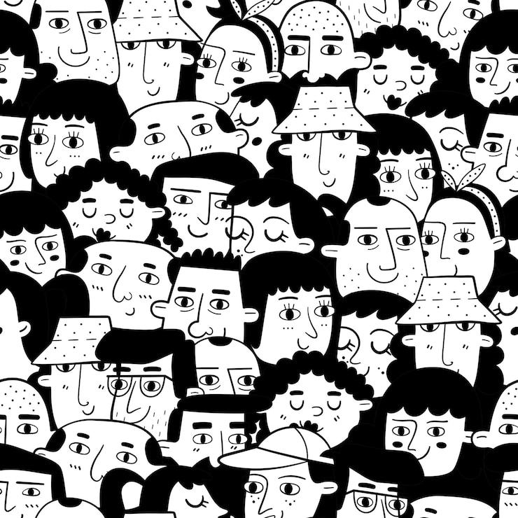 Vector monochrome seamless pattern with people faces of different ethnicity