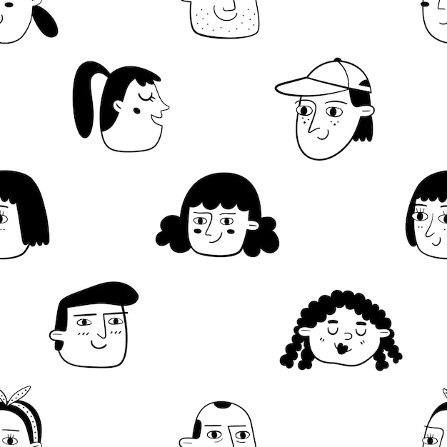 Monochrome seamless pattern with people faces