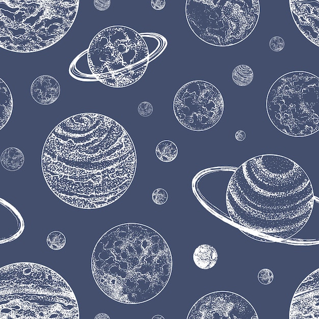 Monochrome seamless pattern with planets and other planetary bodies in outer space.