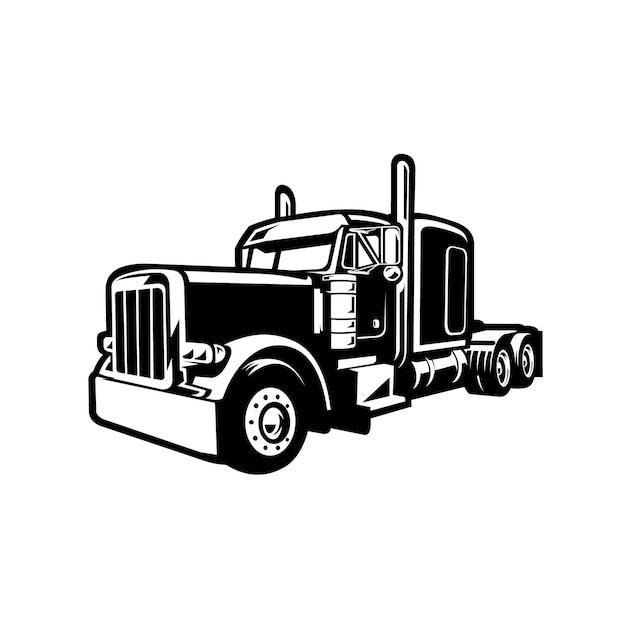 Vector monochrome semi truck 18 wheeler side view vector illustration isolated