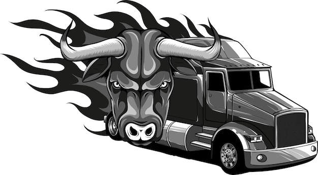 Monochrome semi truck with bull and flames vector illustration