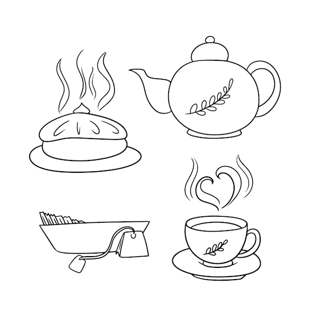 Set monocromatico di icone autunnali deliziosa torta con ripieno di frutta caldo tè profumato fumetto vettoriale