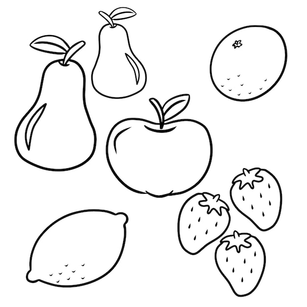 Vector monochrome set coloring on a white background ripe fruits