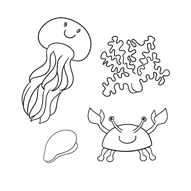 Monochrome set of icons cute sea characters funny crab coral twigs and jellyfish vector cartoon