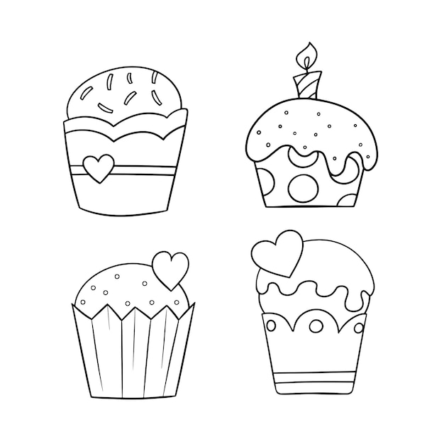 하트와 촛불 벡터가 있는 섬세한 크림이 있는 아이콘 맛있는 컵케이크의 흑백 세트