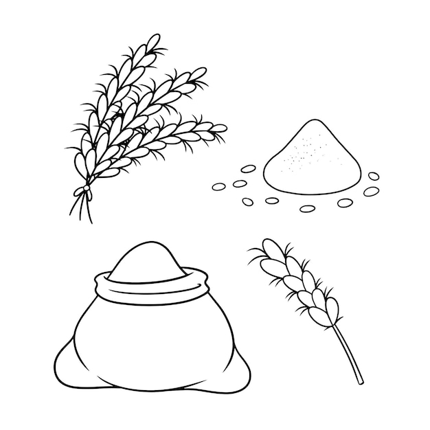 アイコンのモノクロ セット小麦の熟した耳穀物と小麦粉のベクトルの漫画の袋