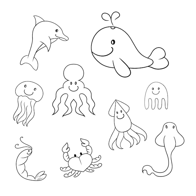 monochrome set of icons sea characters big whale squid and stingray jellyfish crab and shrimp vector