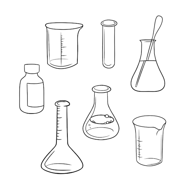 Vector monochrome set of icons various empty glass flasks and  a solution for experiments vector cartoon