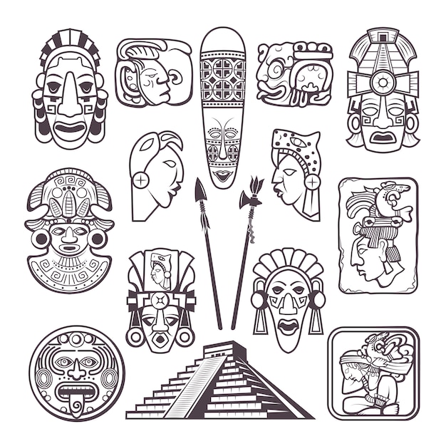 Monochrome  set  mayan culture symbols. tribal masks and totems