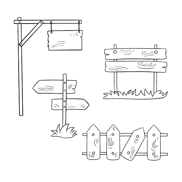 アイコン ヴィンテージ木製オブジェクトのモノクロ セット高棒壊れたフェンスとポインターのサイン