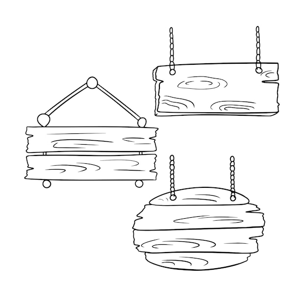 Monochrome set pictogrammen verschillende houten platen op een ketting reclamestandaard vector cartoon