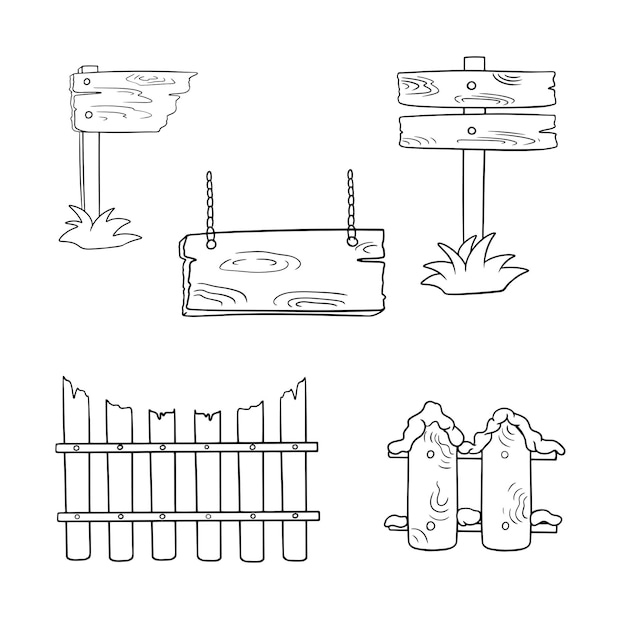 Monochrome set pictogrammen vintage houten voorwerpen langs het hek vierkante teken en aanwijzer cartoon