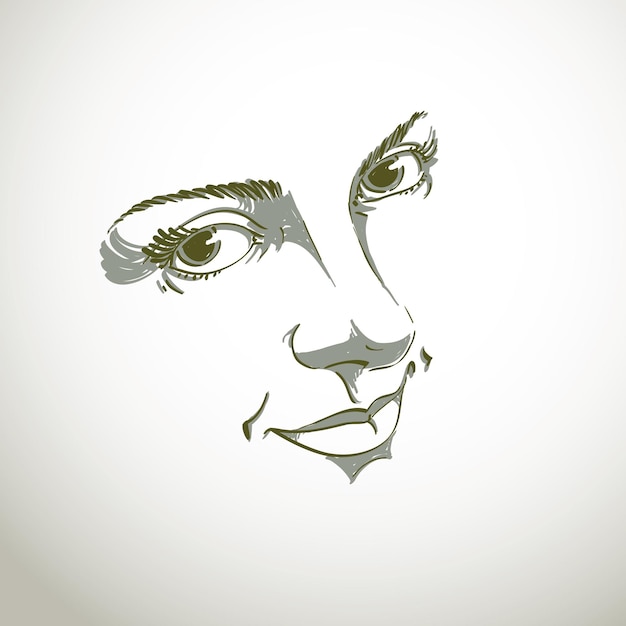 Monochrome silhouette of smiling attractive lady, face features. Hand-drawn vector illustration of woman visage, outline.