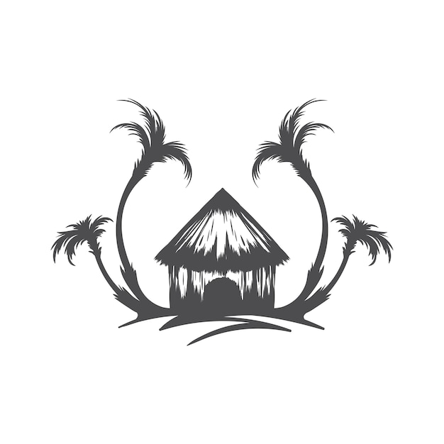 Monochrome simple emblem exotic bungalow curved palm trees at ocean island silhouette vector