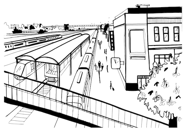 Monochrome sketch top view of railway station, platforms with passengers. Hand drawn vector illustration.