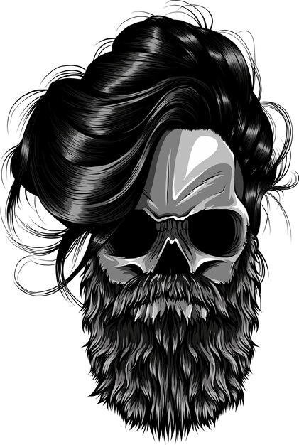 Vettore teschio monocromatico con baffi e barba vettore teschio hipster