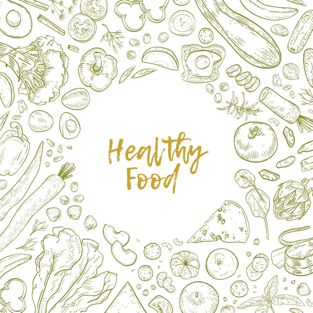 Vector monochrome square backdrop with frame consisted of healthy food drawn with contour lines on white background.