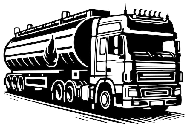 Вектор Монохромный дизайн грузового транспортного средства, оснащенного резервуаром для перевозки жидкости, в векторном формате