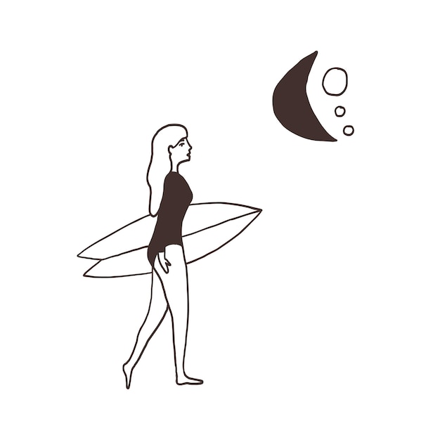 Vector monochrome surf meisje maan