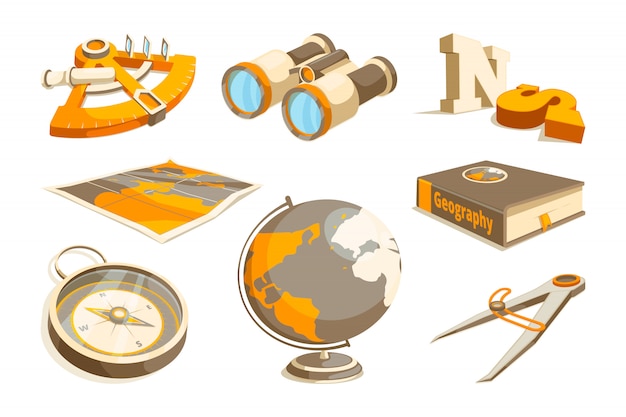 Vector monochrome symbols of exploration and geography