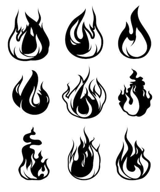 Monochrome symbols of flame.  black icons isolate on white. fire sign monochrome, illustration of black bonfire silhouette